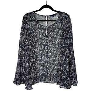 Allen B. Schwartz Black Floral Chiffon Blouse L Bell Sleeve Whimsygoth Sheer